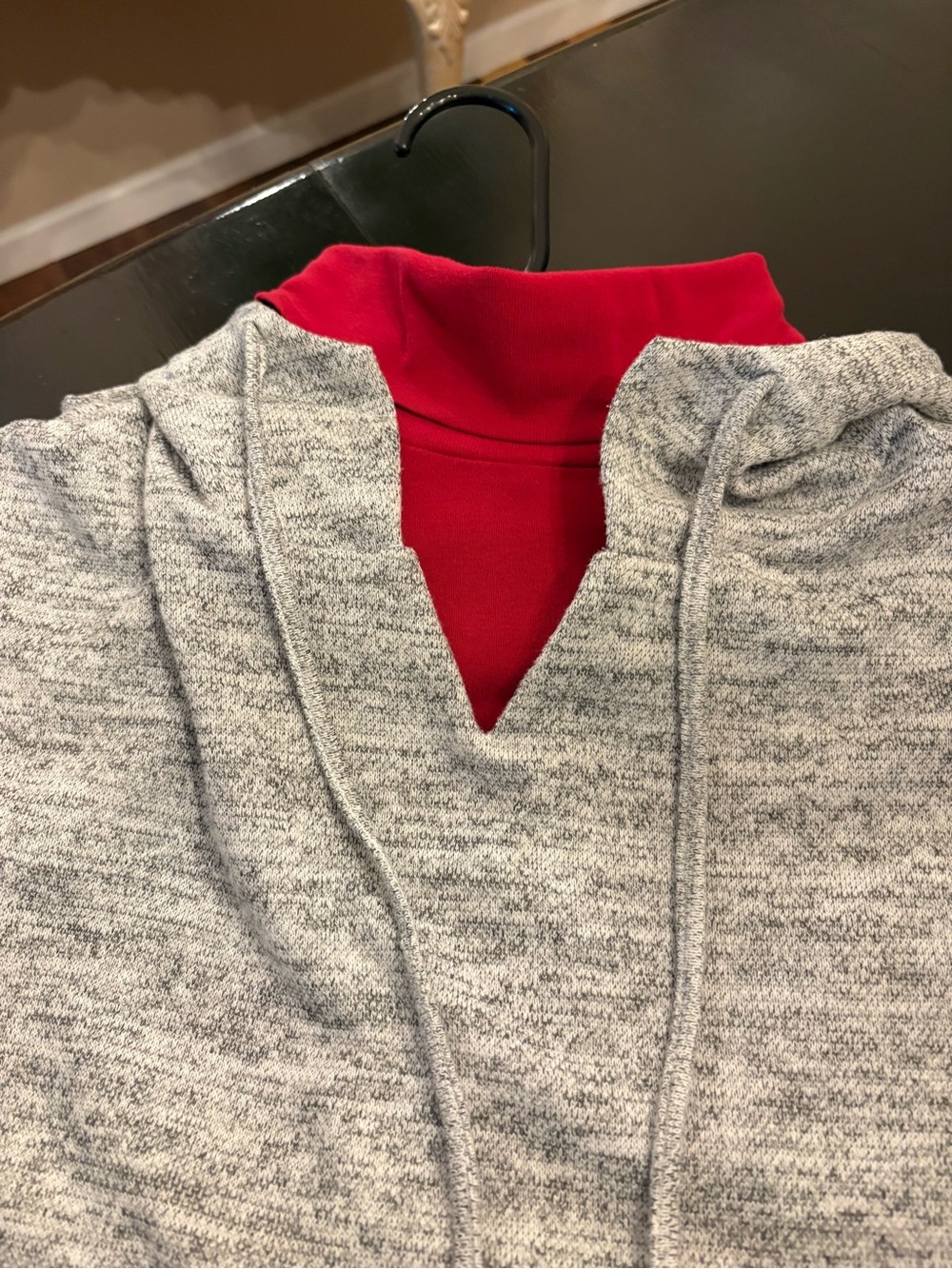 New heathered grey hoodie cape with red turtleneck